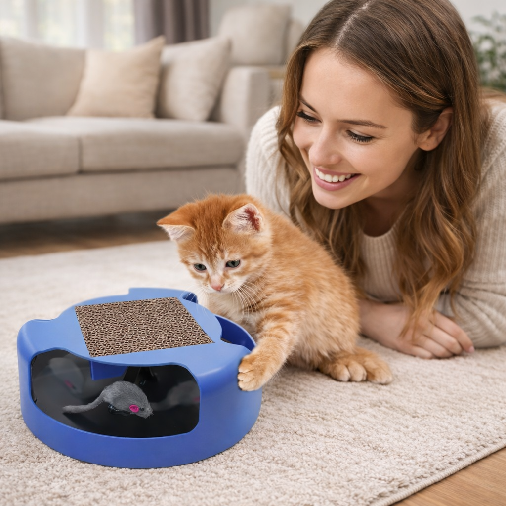 JUGUETE INTERACTIVO CON RASCADOR GATO